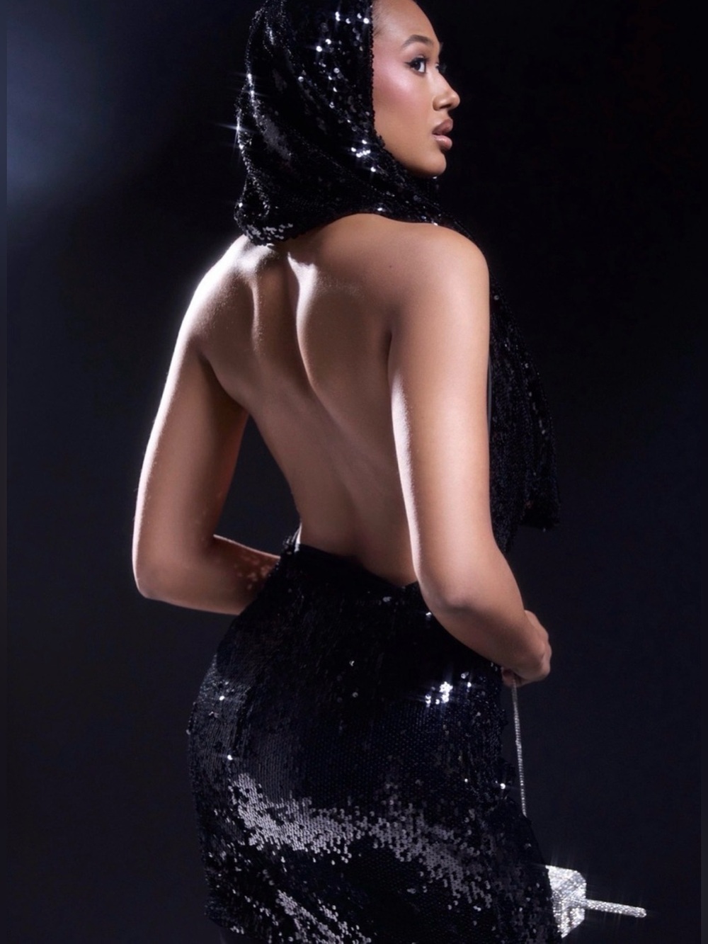AKIRA Love Me Like That Sequin Hooded Black Mini Dress - Size Large New